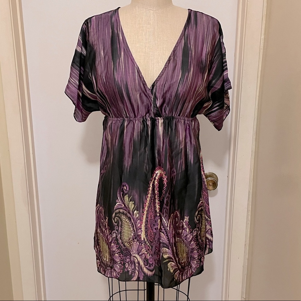Purple abstract and paisley flutter sleeve tunic